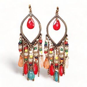 Bohemian Drop Chandelier Earrings Red Multi Sparkle NEW